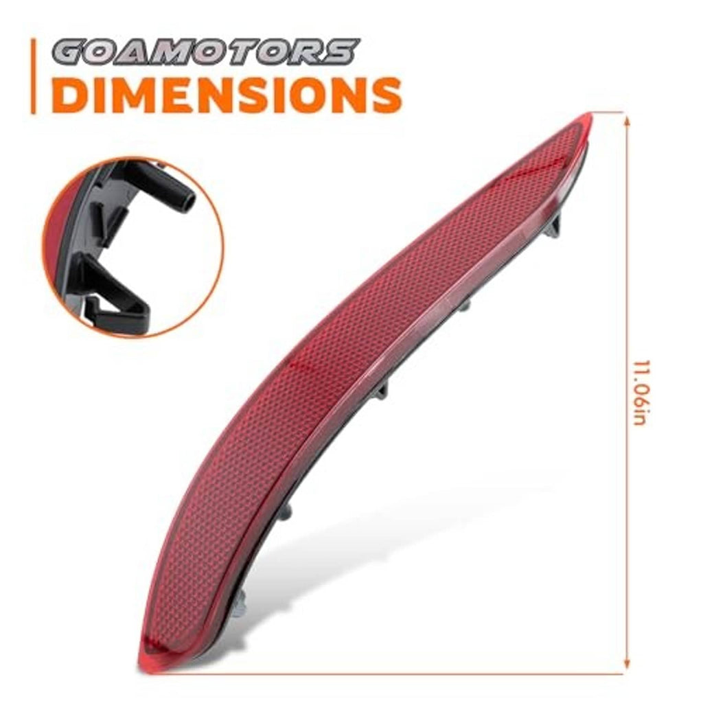 Long red reflector stop lamp trim with black mounting clips, rear bumper style