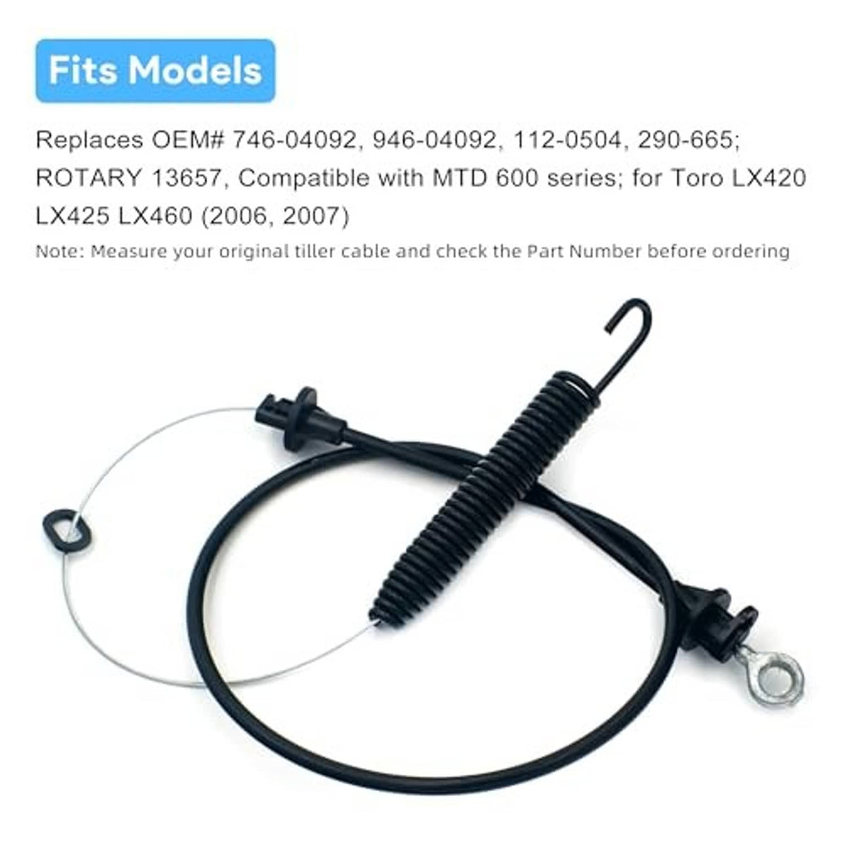 Black deck engagement cable with spring coil section and ring terminal, bundled wire harness