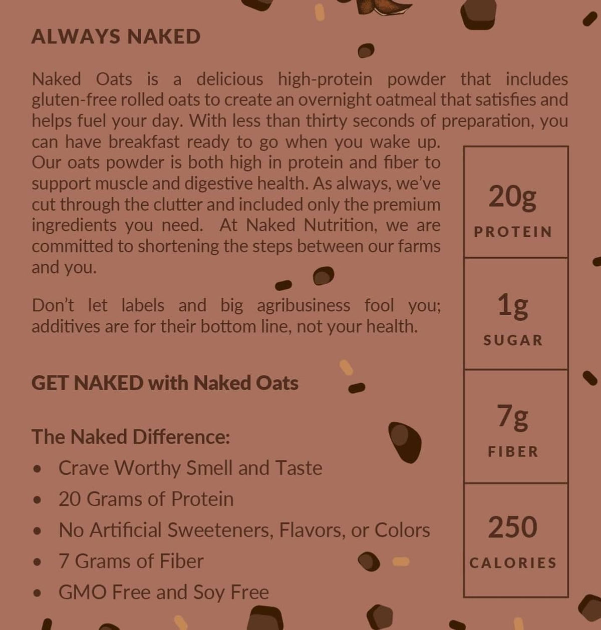 Naked Oats information panel with ingredients notes and nutrition values chart