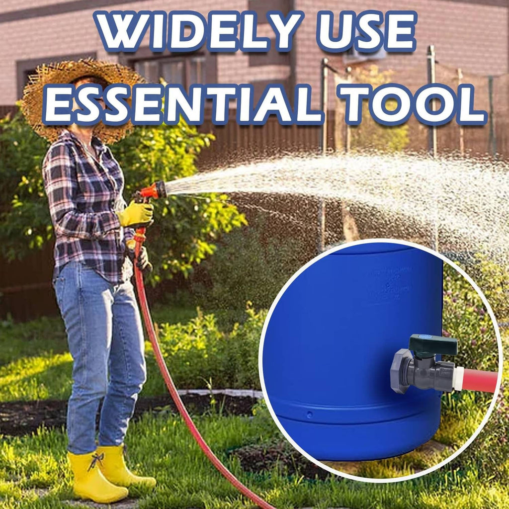PVC rain barrel diverter valve kit with hose connection on a rain barrel