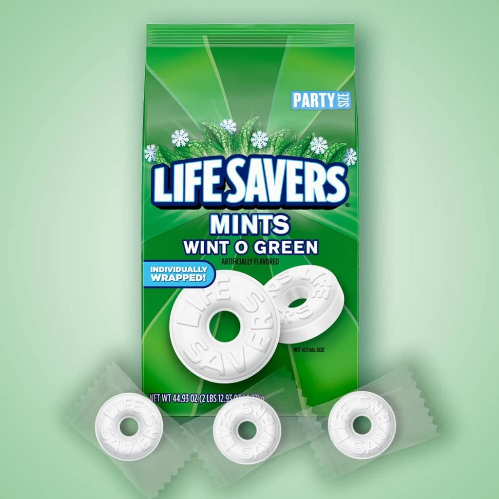 Green LIFE SAVERS mints bag with individually wrapped white mint discs