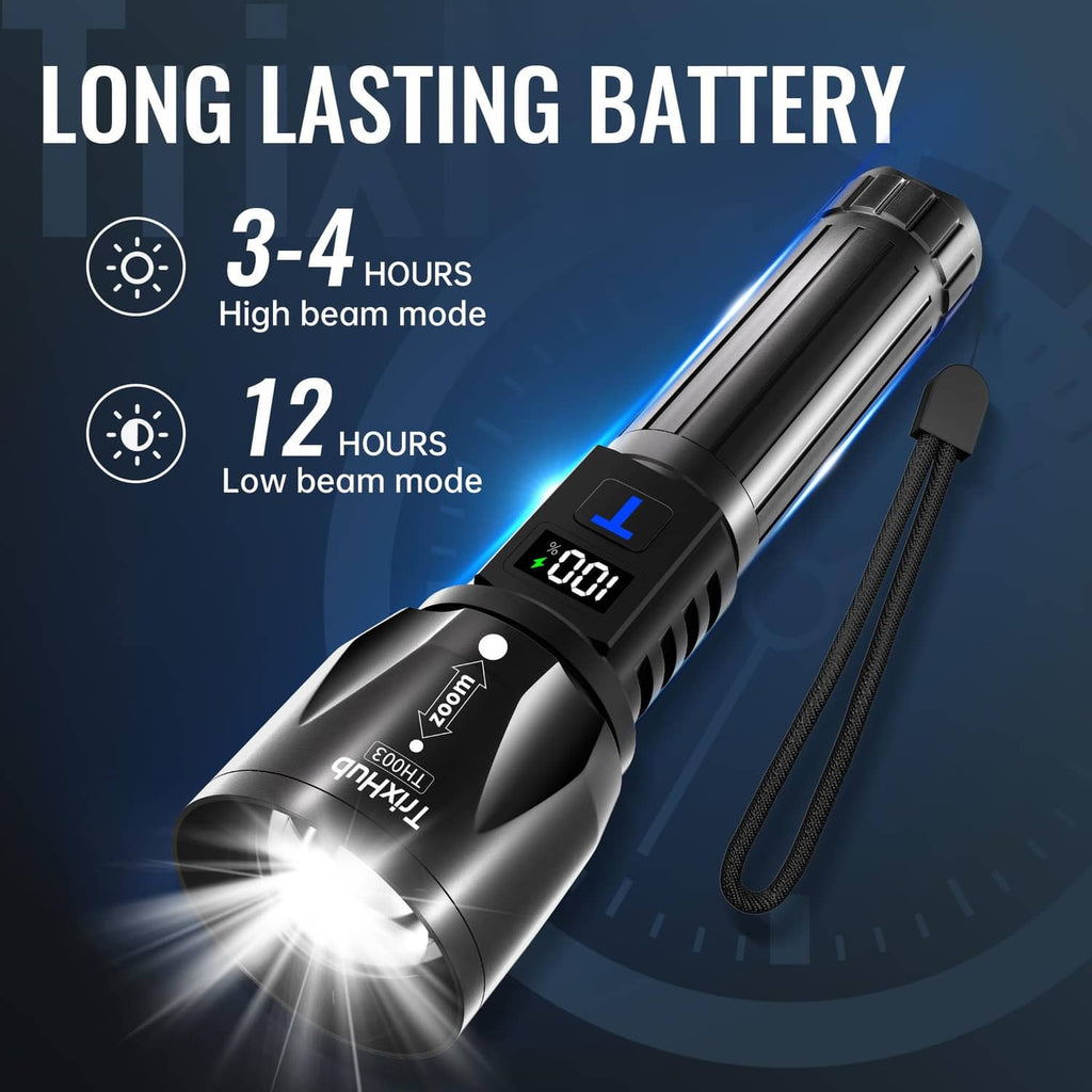 Black rechargeable flashlight with lanyard and bright focused beam
