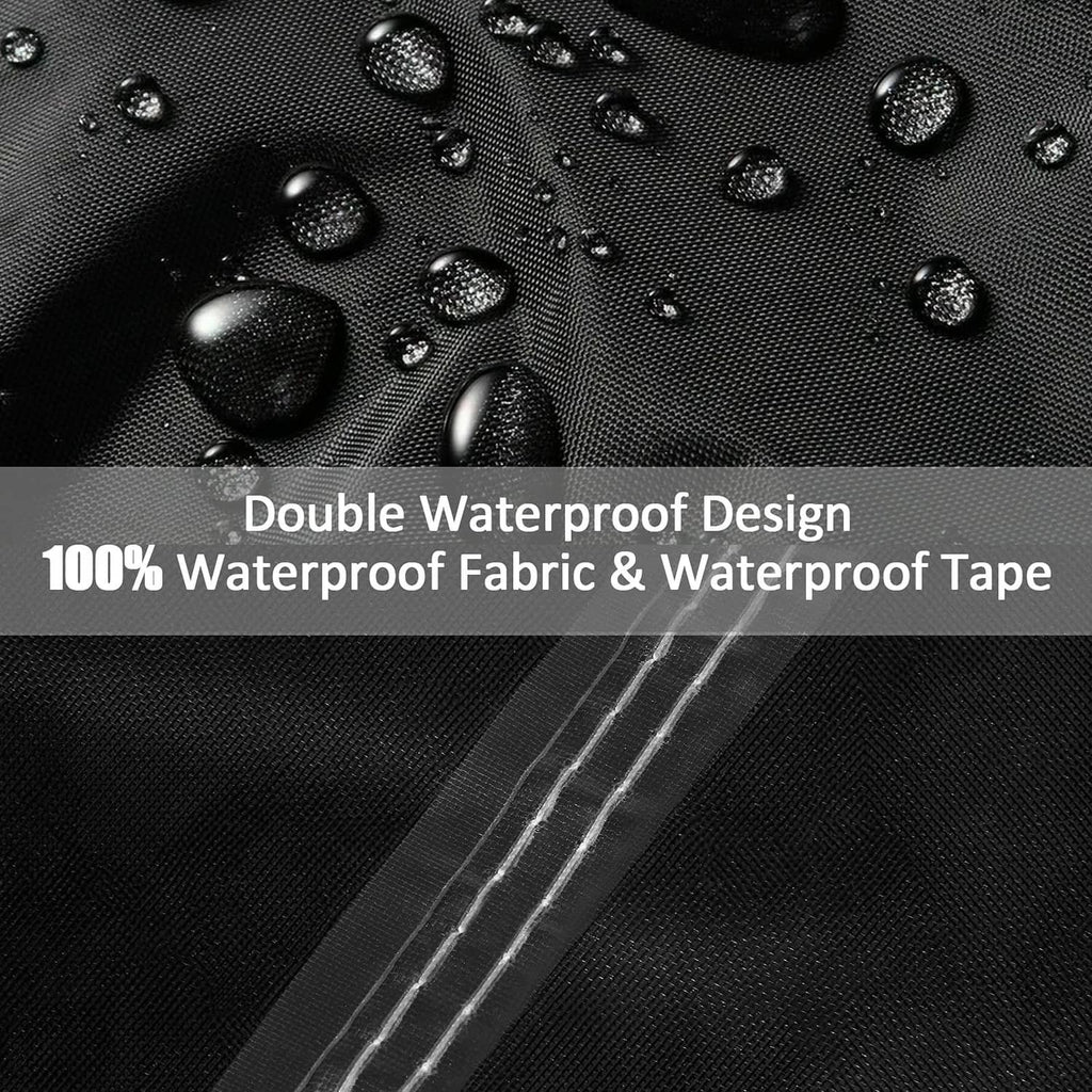 Close-up of black waterproof tape and beaded water on coated pool cover fabric