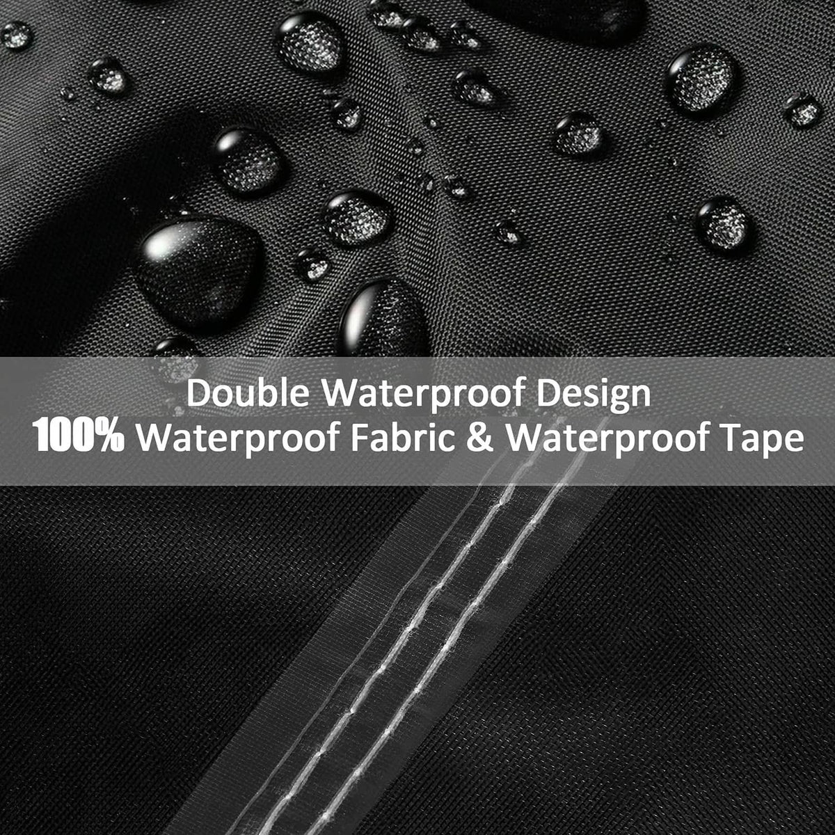 Close-up of black waterproof tape and beaded water on coated pool cover fabric