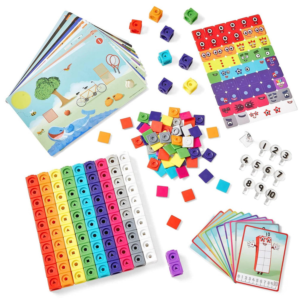 Colorful cube pieces, number grids, and activity cards for Numberblocks 1-10