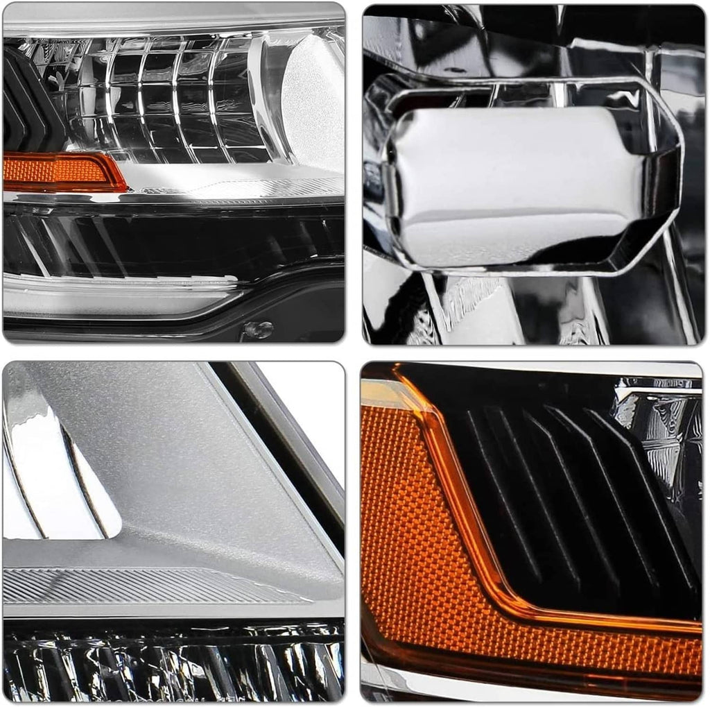 Close-up details of LED headlight lenses, chrome reflectors, and amber reflector