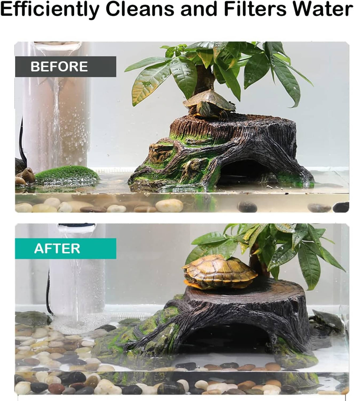 Aquarium filter unit shown before-and-after water clarity improvement in a tank