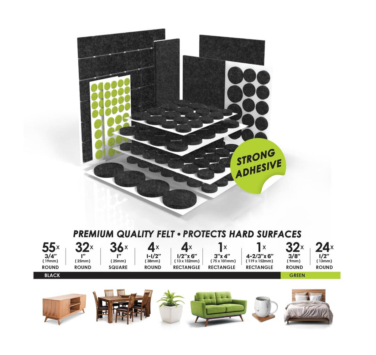 GorillaFelt felt furniture pads, black peel-and-stick set with strong adhesive