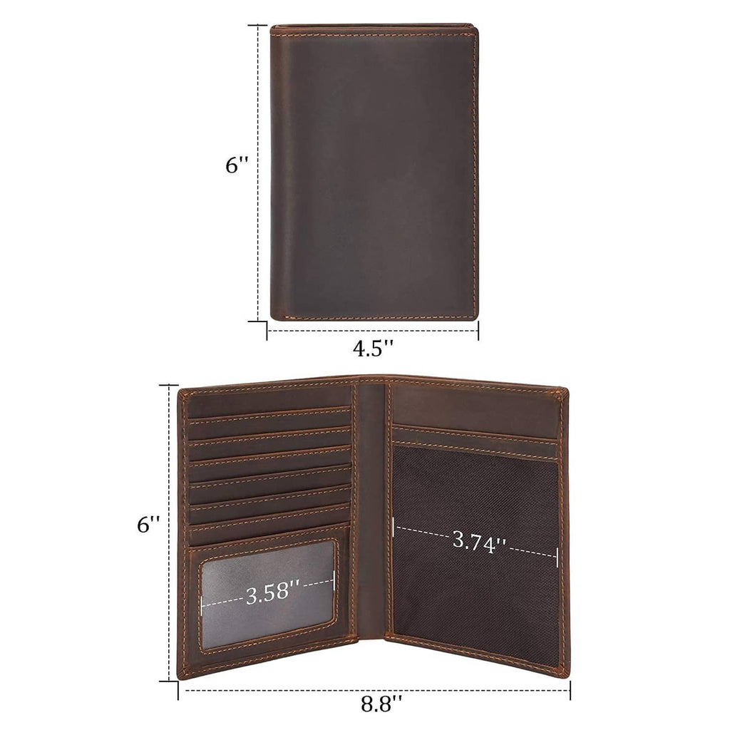 Brown leather passport wallet size diagram, front view and open card compartments