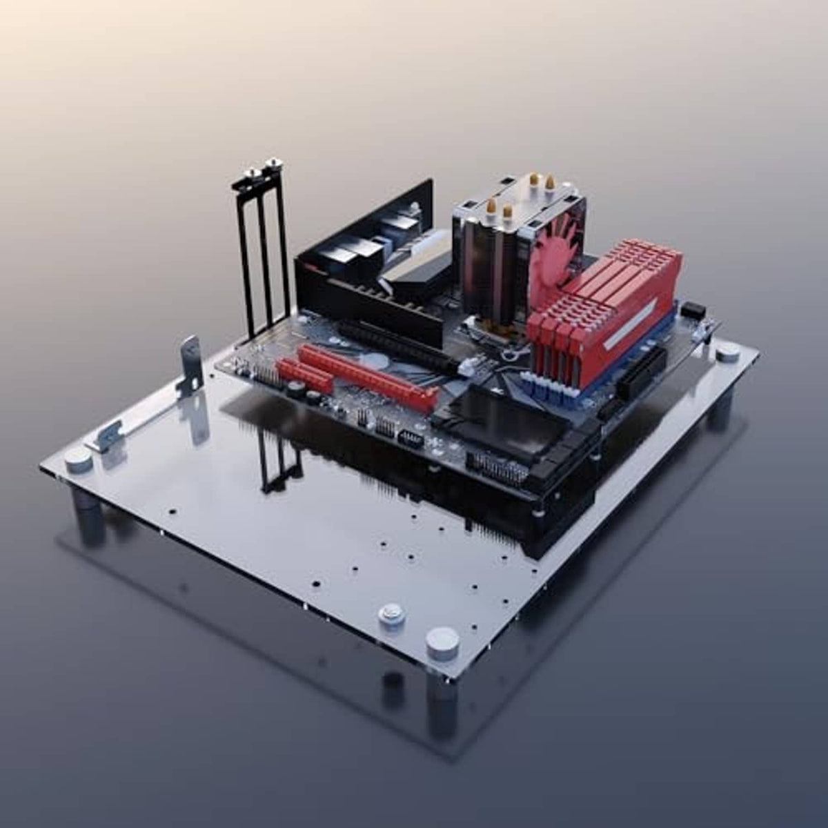 Open-frame acrylic PC case on base plate with motherboard, red RAM, and GPU