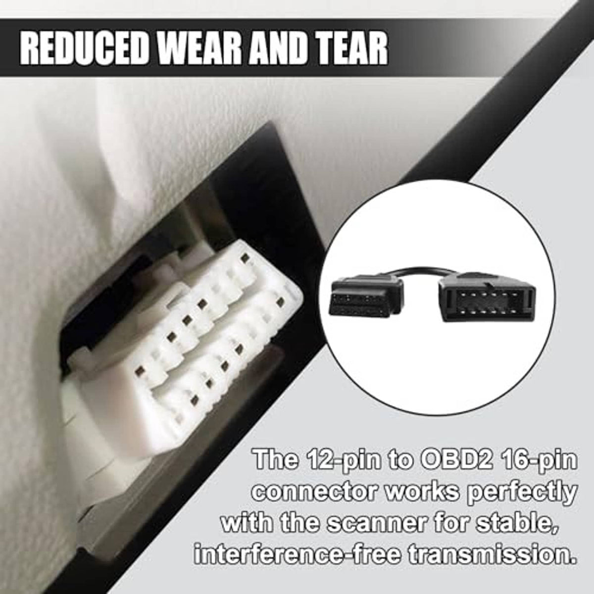 OBD adapter cable with two plugs, 12-pin to 16-pin connection, black