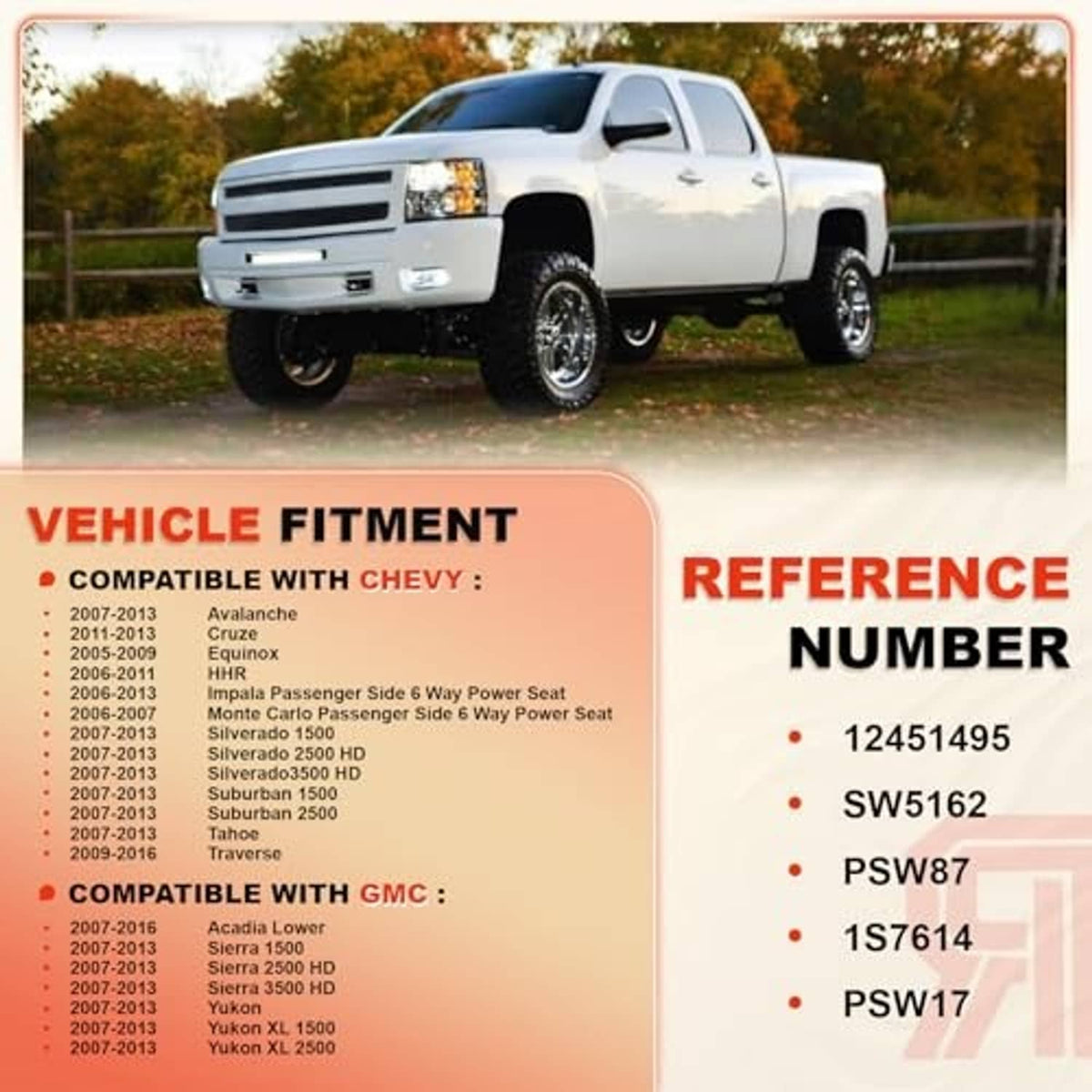 Vehicle fitment reference graphic for a power seat adjustment switch