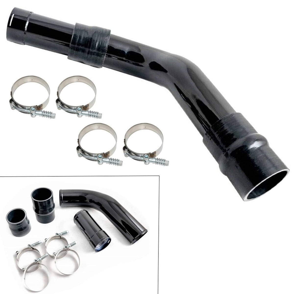 Intercooler pipe kit with black curved pipe, couplers, and band clamp hardware