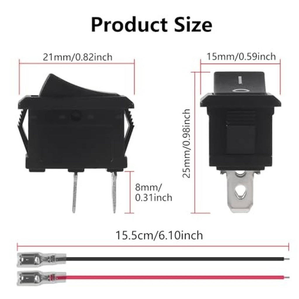 Square black on/off rocker switch with mounting tabs and terminal pins, size diagram view