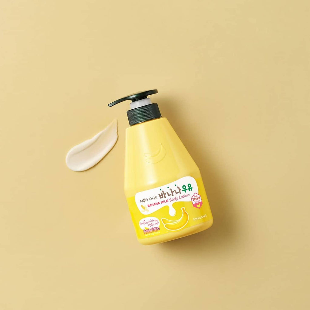 Banana milk body cleanser bottle with black pump and banana smear