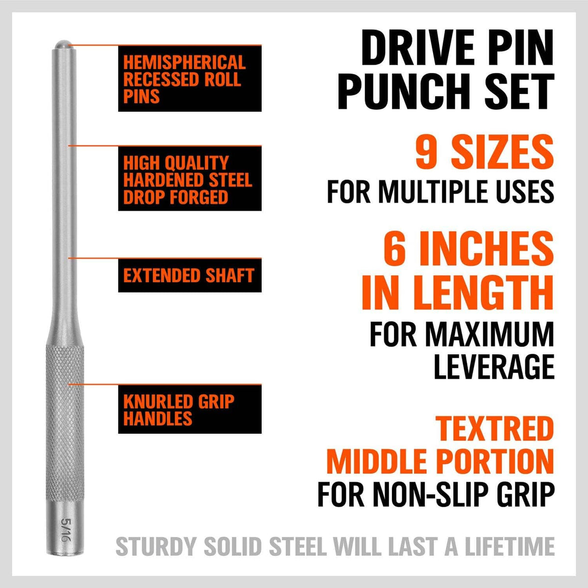 Steel drive punch with knurled grip and extended shaft, shown alone