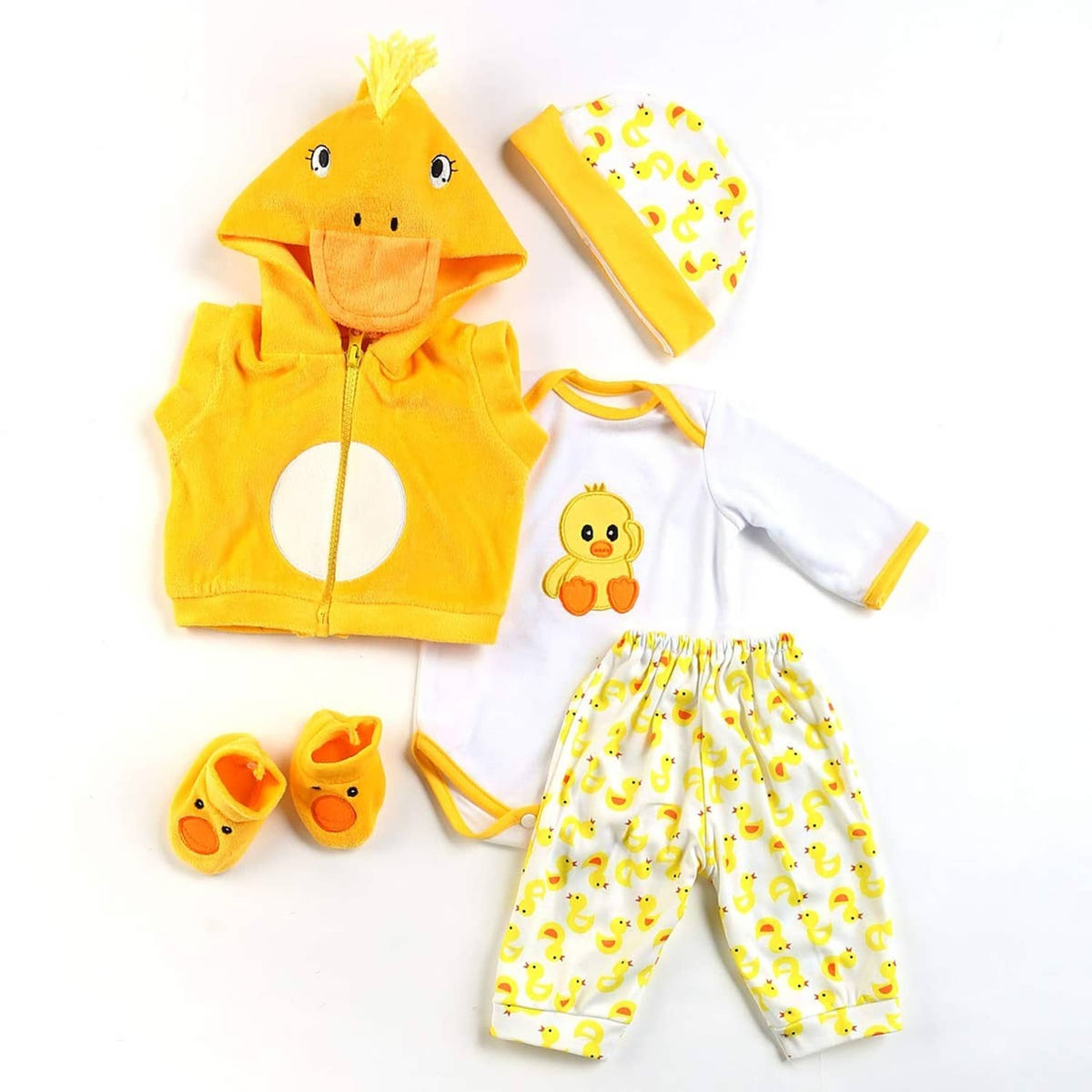 Yellow duck hooded doll outfit set with white bodysuit, patterned pants, cap, and booties