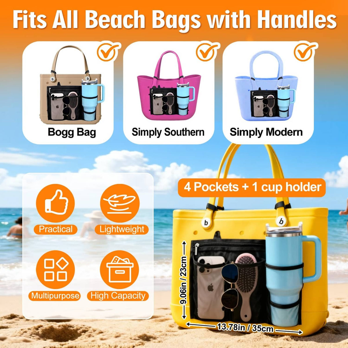 Mesh organizer insert pouch with 4 pockets and 1 cup holder for beach bags