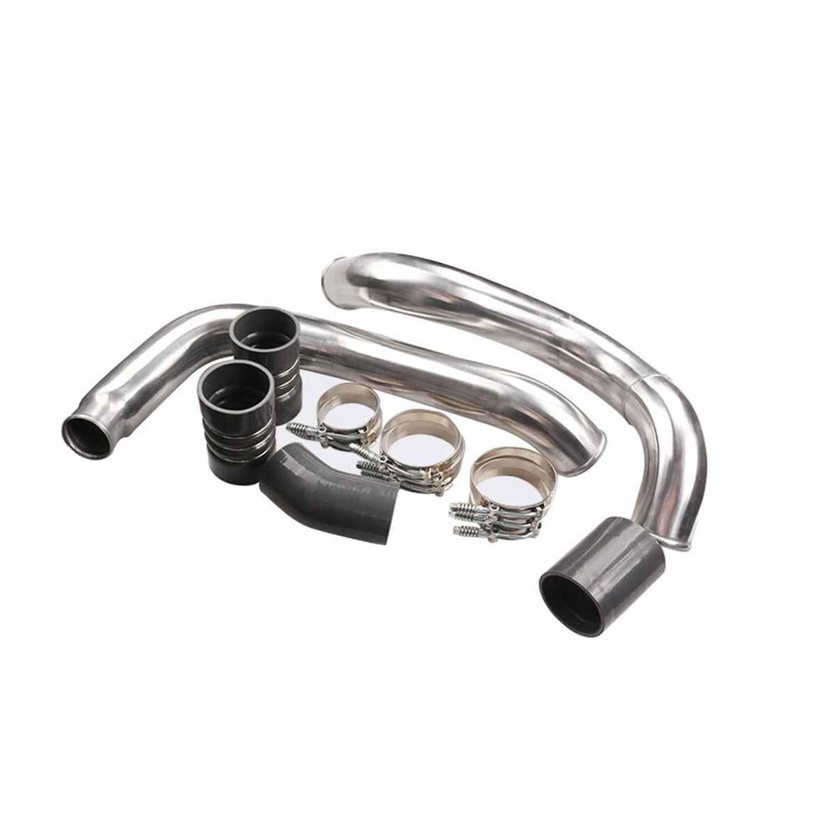 Silver intercooler pipe kit with black boots and metal clamp hardware set