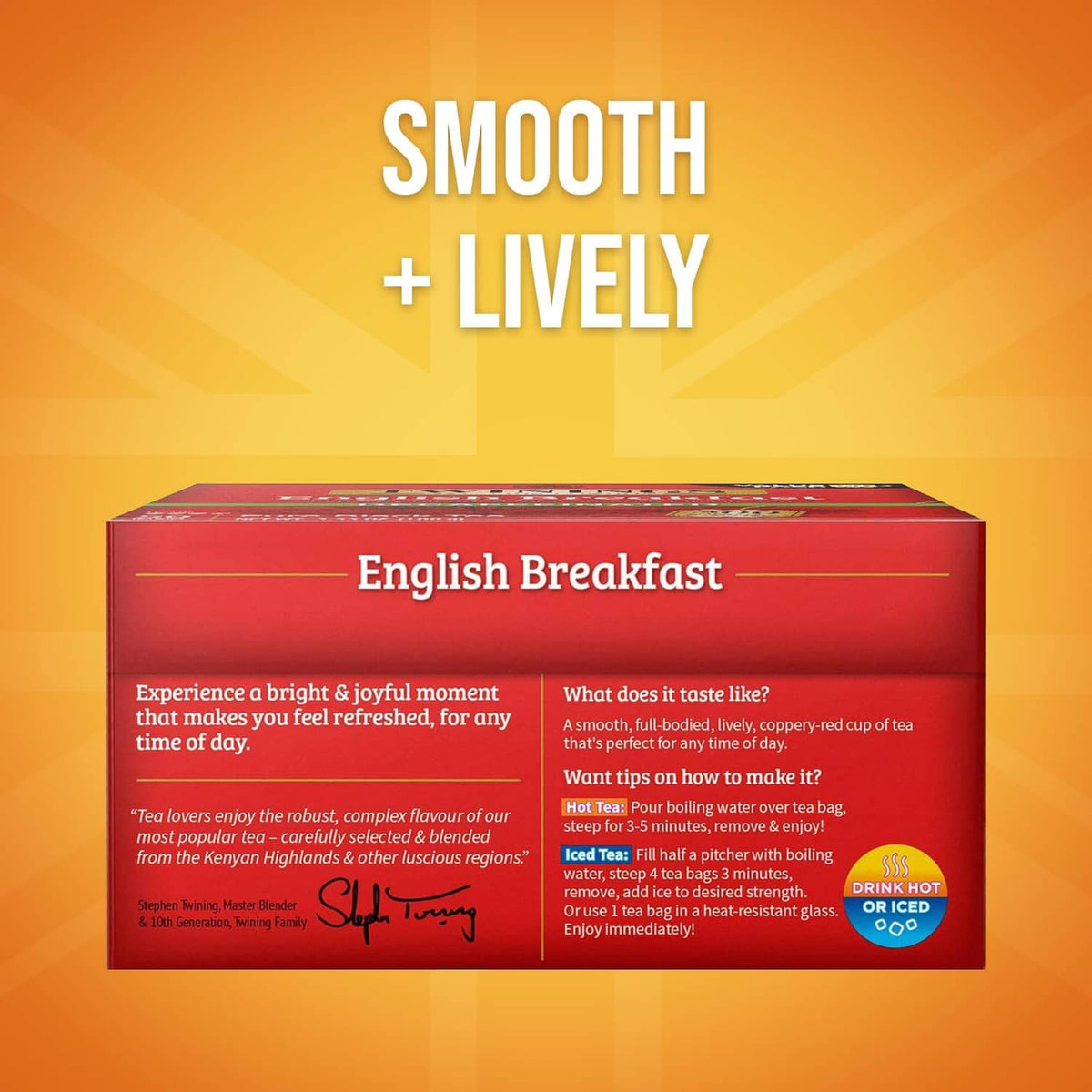 Twinings English Breakfast decaffeinated tea box with serving and brewing information