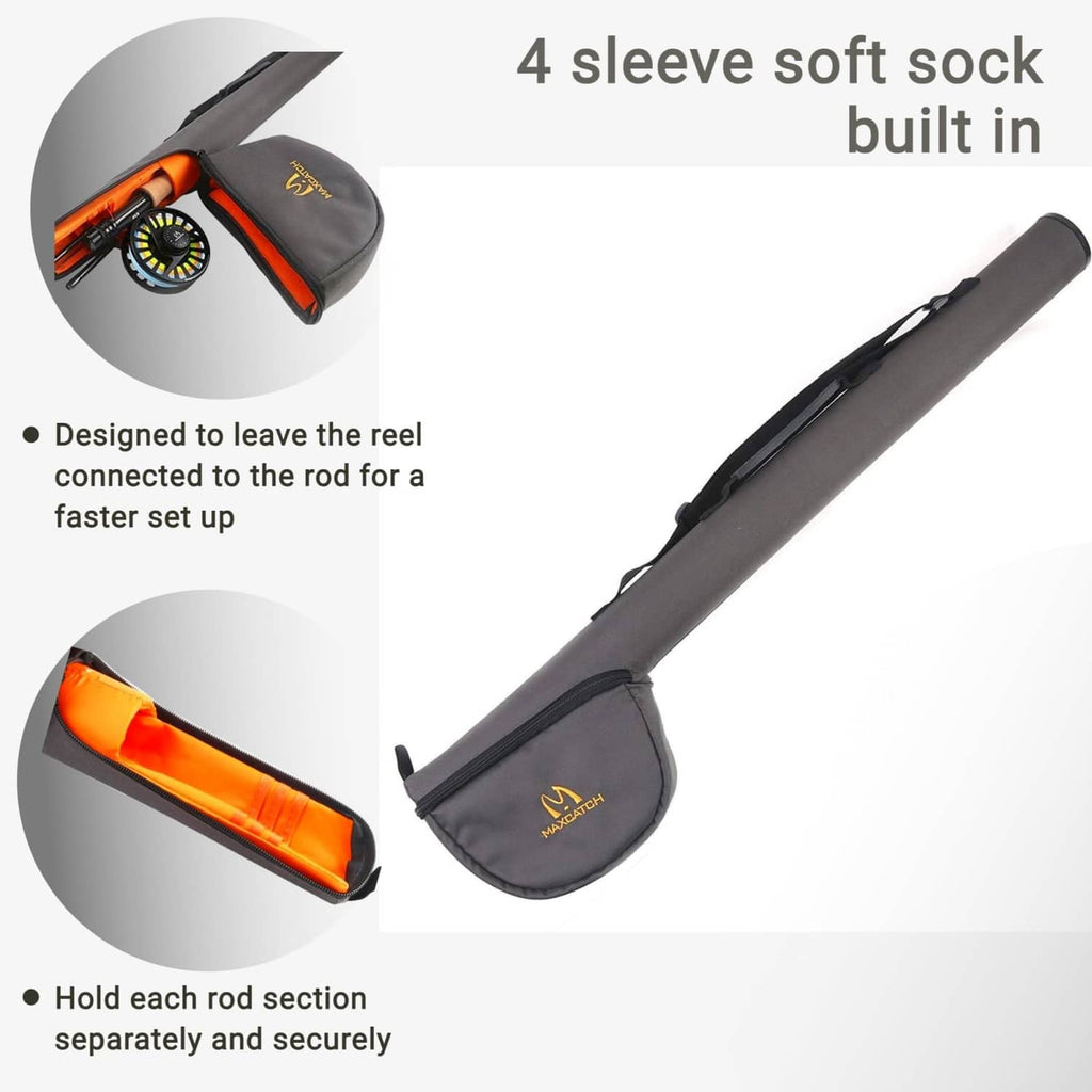 Grey fly rod travel case with 4 sleeves, zippered reel pouch, and carry handle