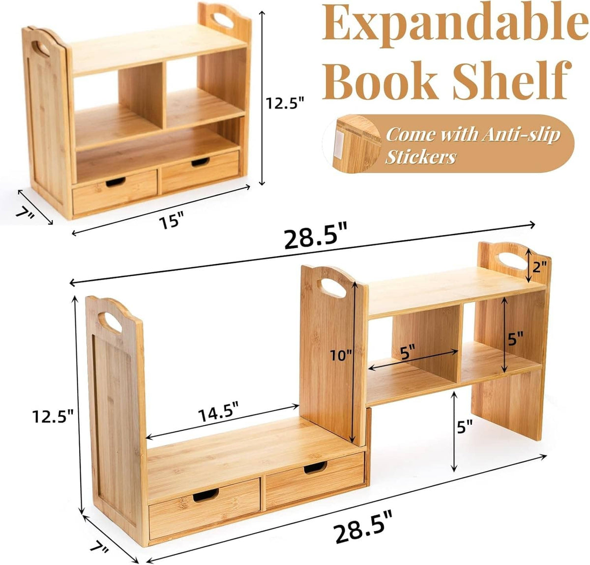 Bamboo expandable desk bookshelf with open compartments and two drawers