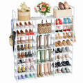 White 9-tier tall shoe rack organizer with multiple open shelves for footwear