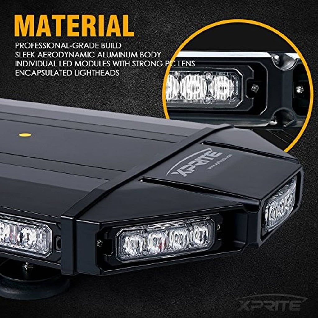Amber LED strobe light bar lens modules on black housing
