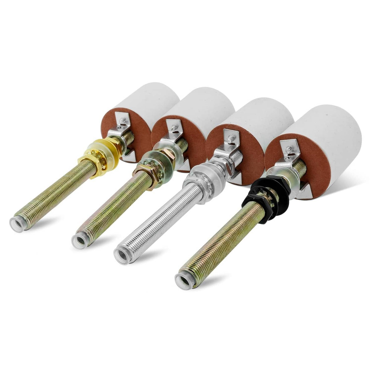 Lamp cord strain relief set with metal threaded housings and rubber cord grommets