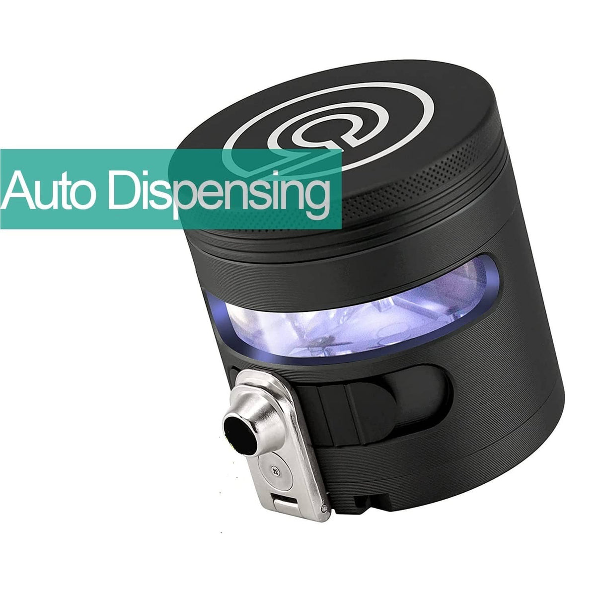 Black automatic grinder dispenser with glowing LED viewing window and side metal chute