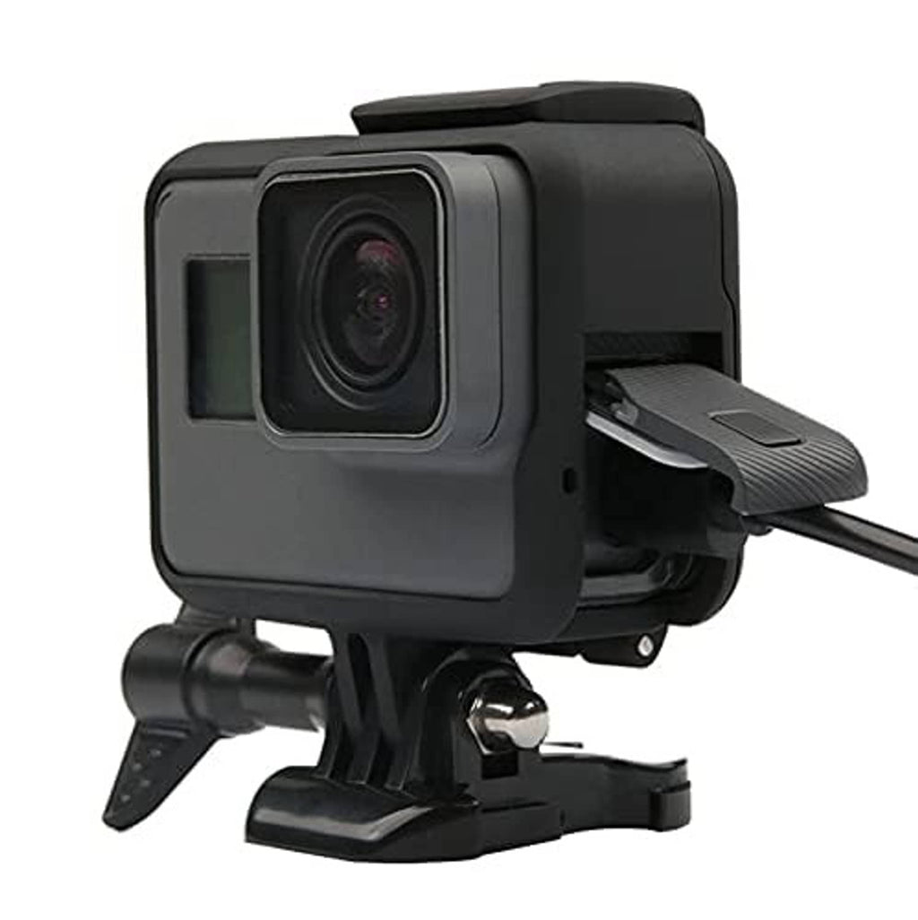 Black action camera frame housing with front lens window and side attachment arm