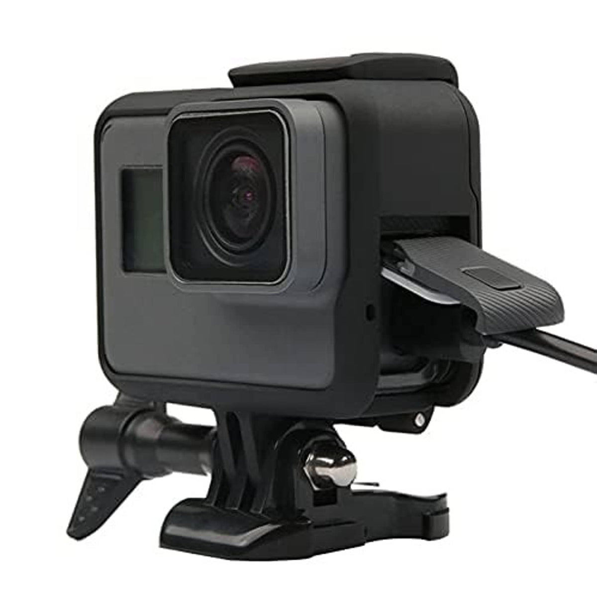 Black action camera frame housing with front lens window and side attachment arm