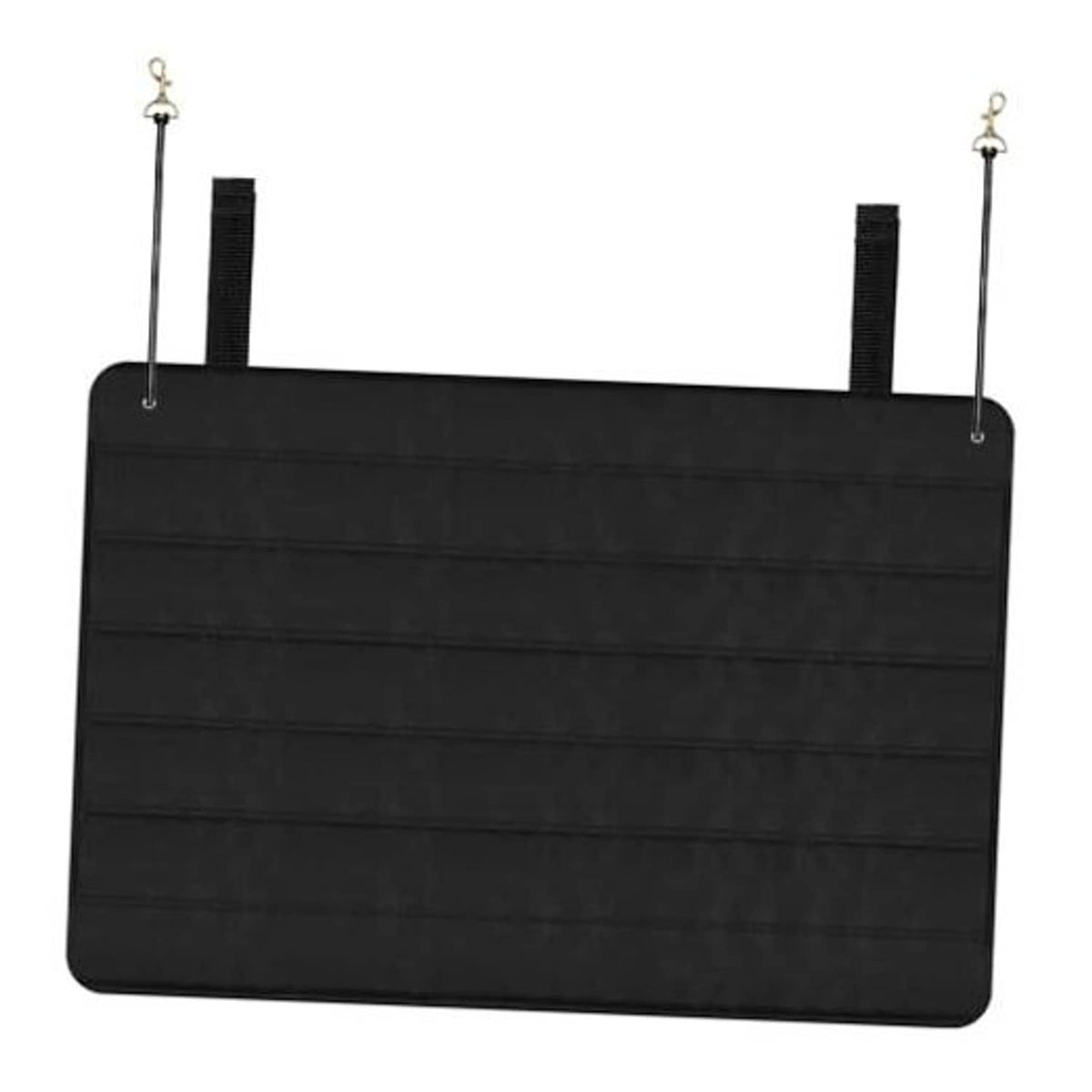 Black foldable trunk bumper pad with two hanging straps and metal top hooks