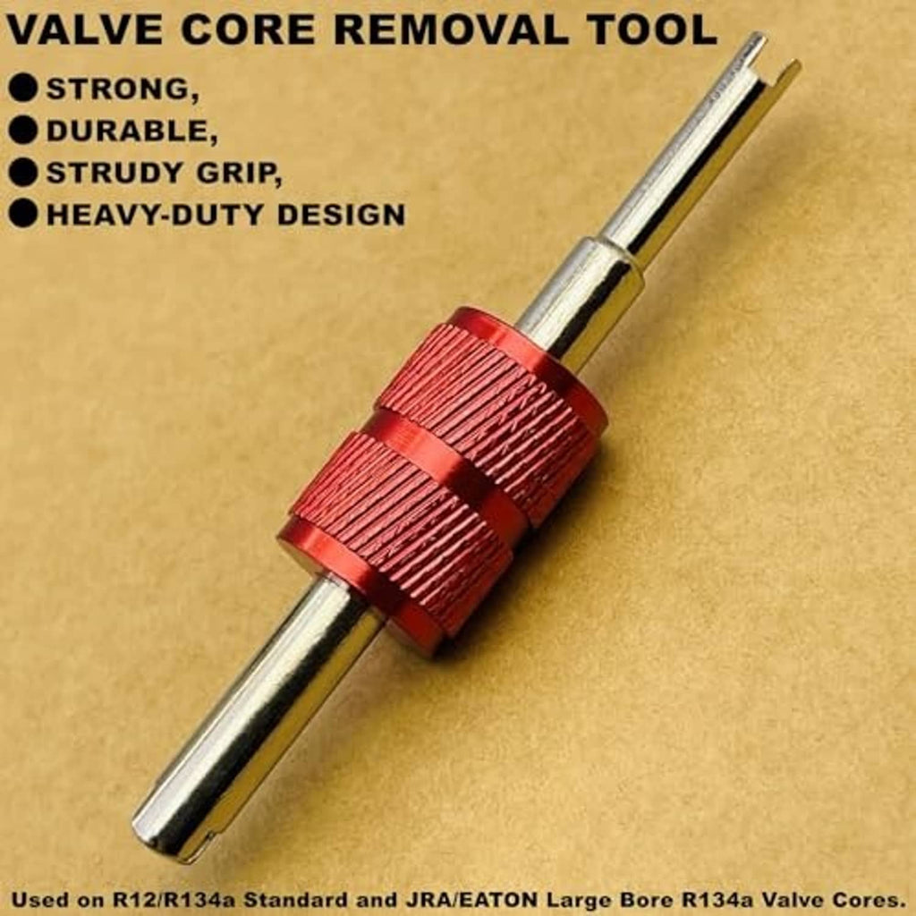Valve core removal tool with red knurled grip and metal shaft