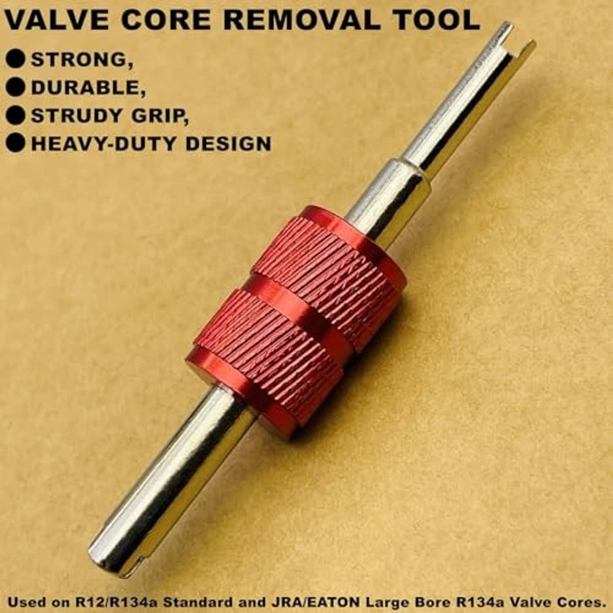 Valve core removal tool with red knurled grip and metal shaft