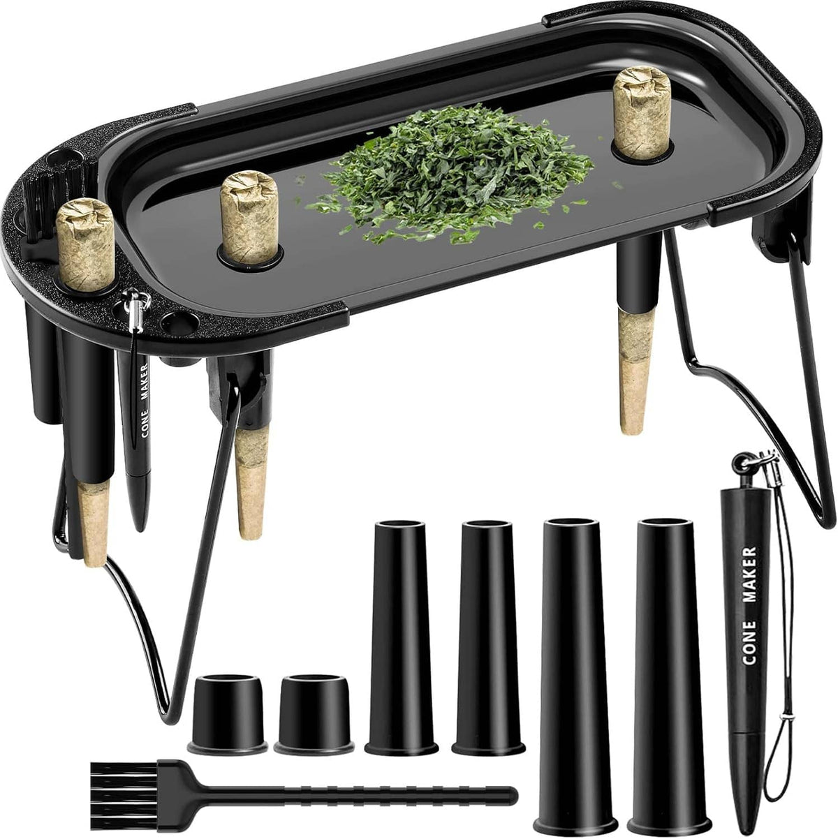 Metal rolling tray set with cone loader and cone-maker tools