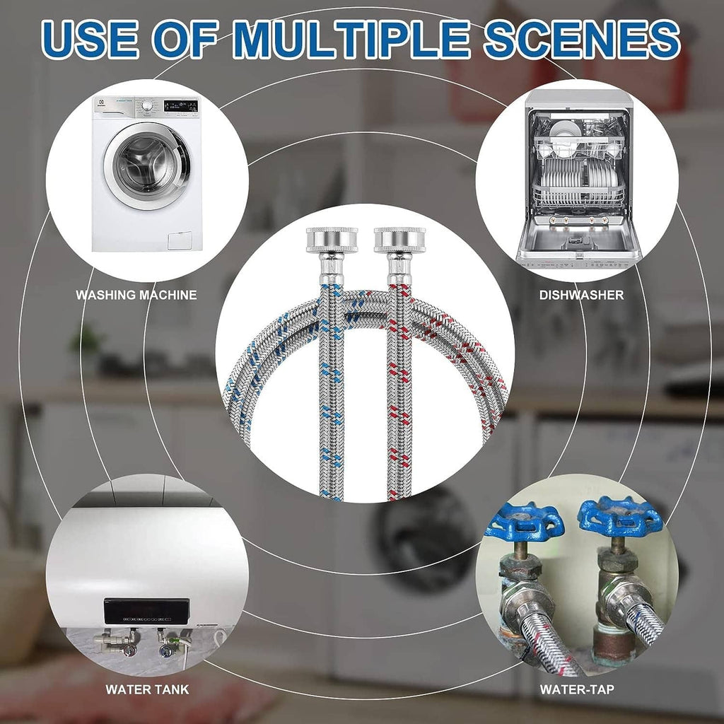 Braided stainless washing machine hoses shown connected for water supply to appliances.