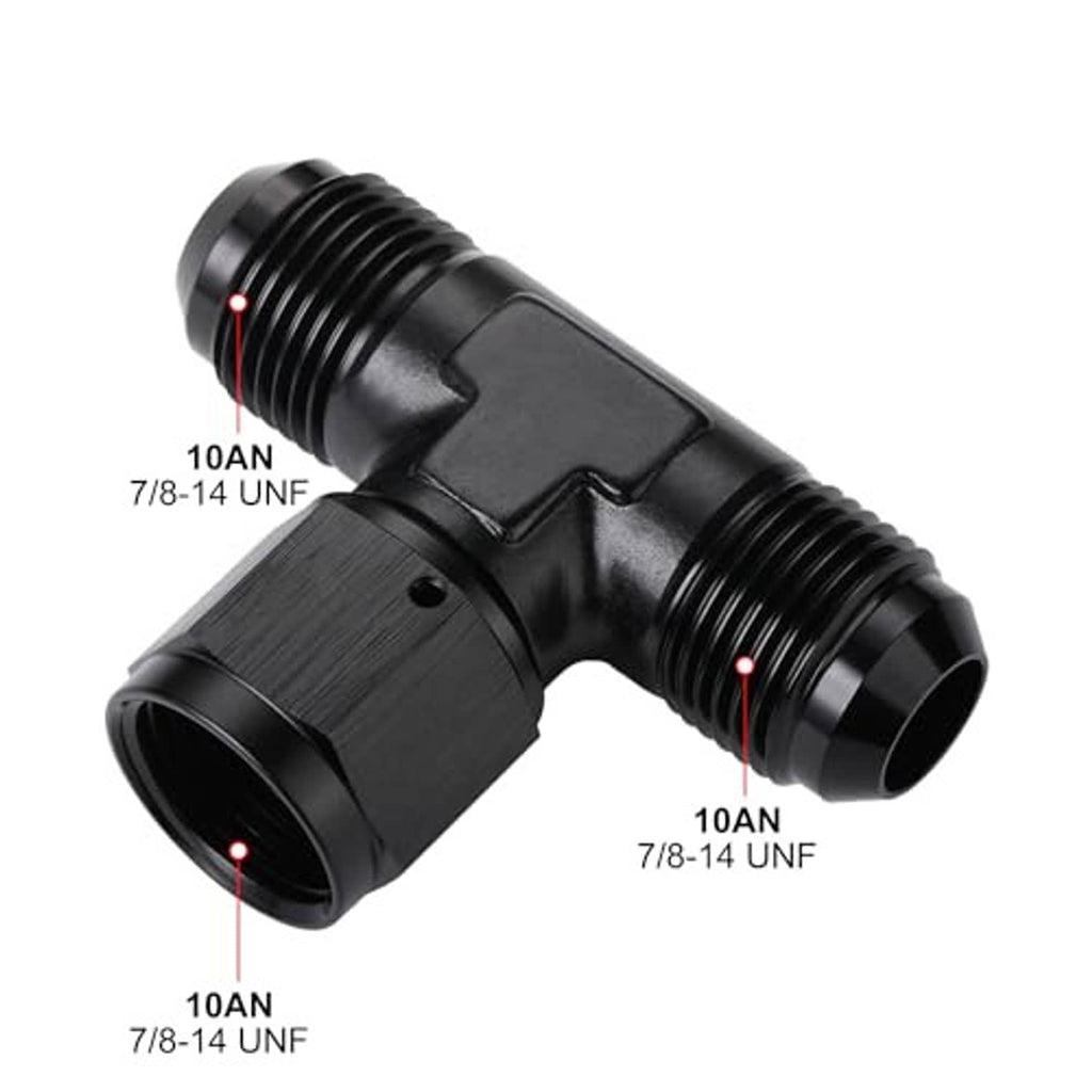 Black AN flare tee adapter showing side swivel and two threaded flare ports