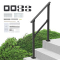 Black outdoor stair handrail with mounting hardware and bracket plates