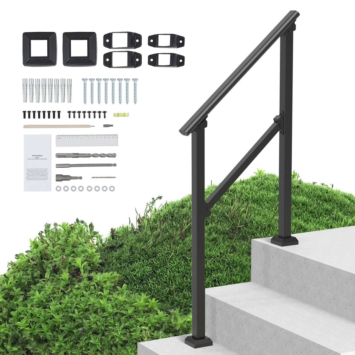 Black outdoor stair handrail with mounting hardware and bracket plates