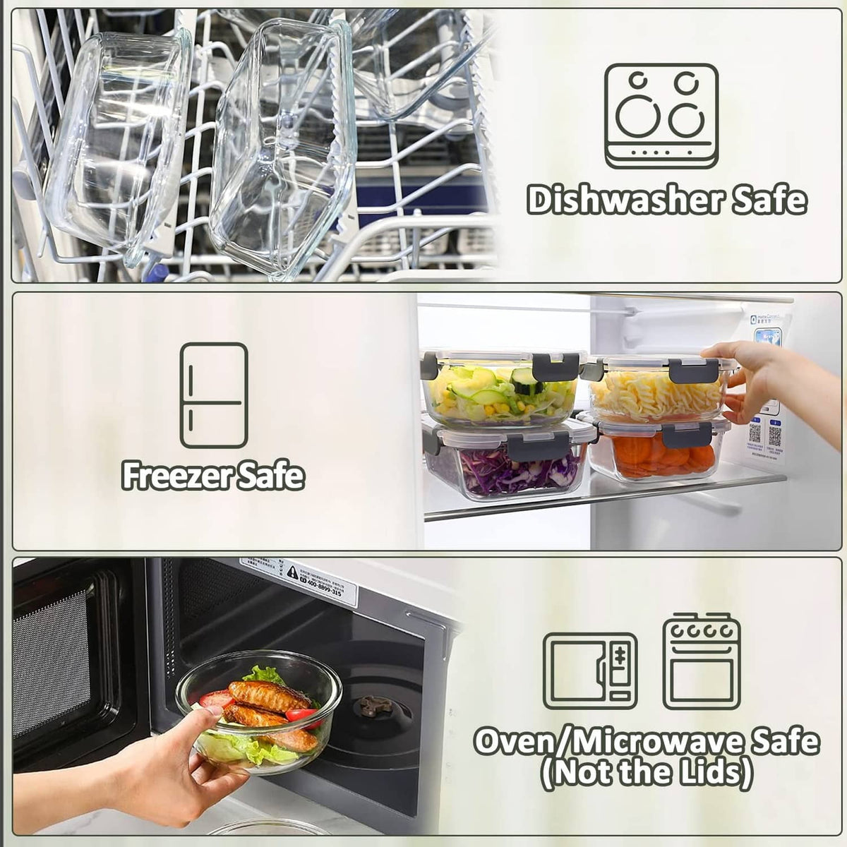 Glass food storage containers with gray snap lids, dishwasher and freezer safe