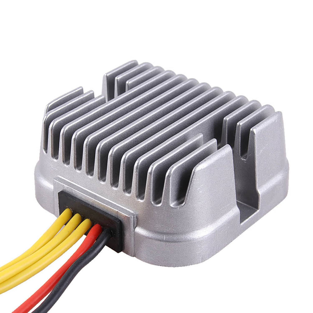 Voltage regulator rectifier with ribbed aluminum heat sink and yellow/black/red wire leads