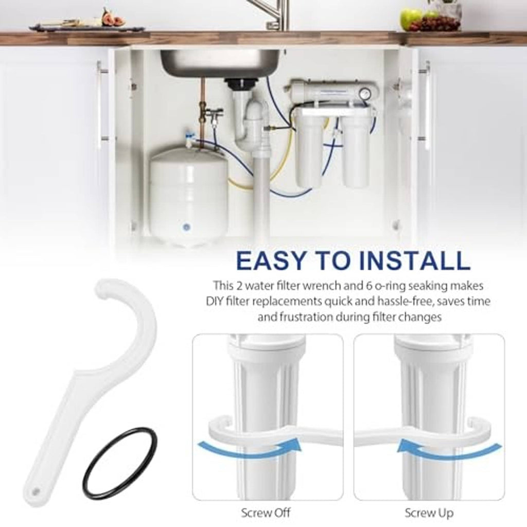 Water filter wrench set with black O-ring seal for easy under-sink replacement