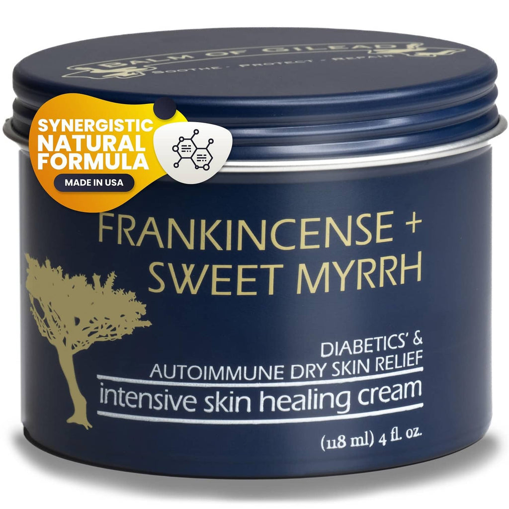 Foot healing cream in dark blue screw-top jar, Frankincense & Sweet Myrrh
