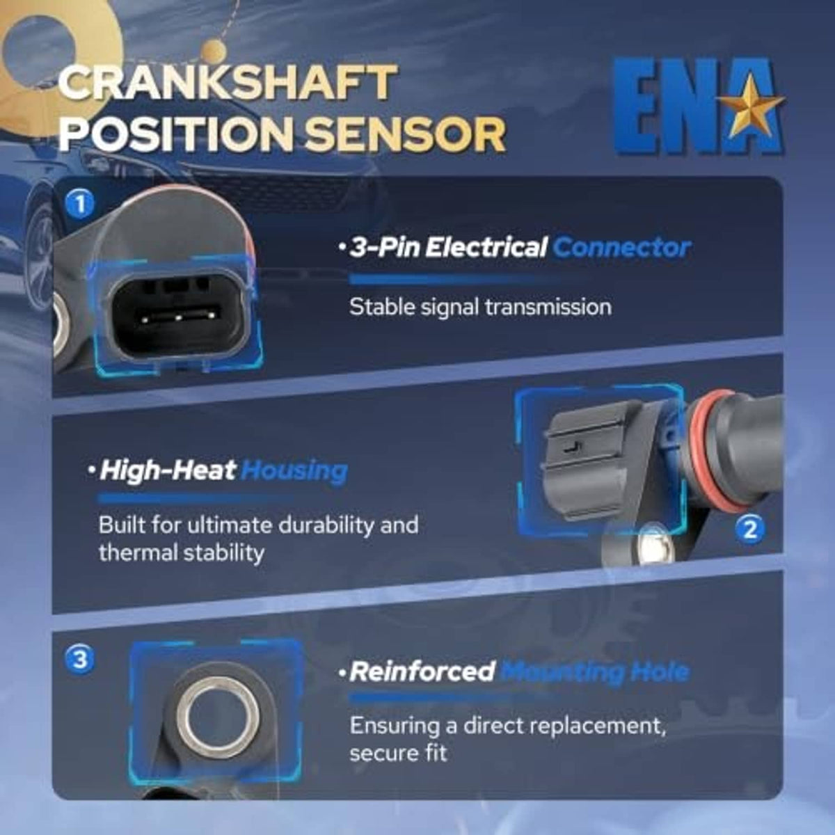 Crankshaft position sensor features card showing 3-pin connector and high-heat housing