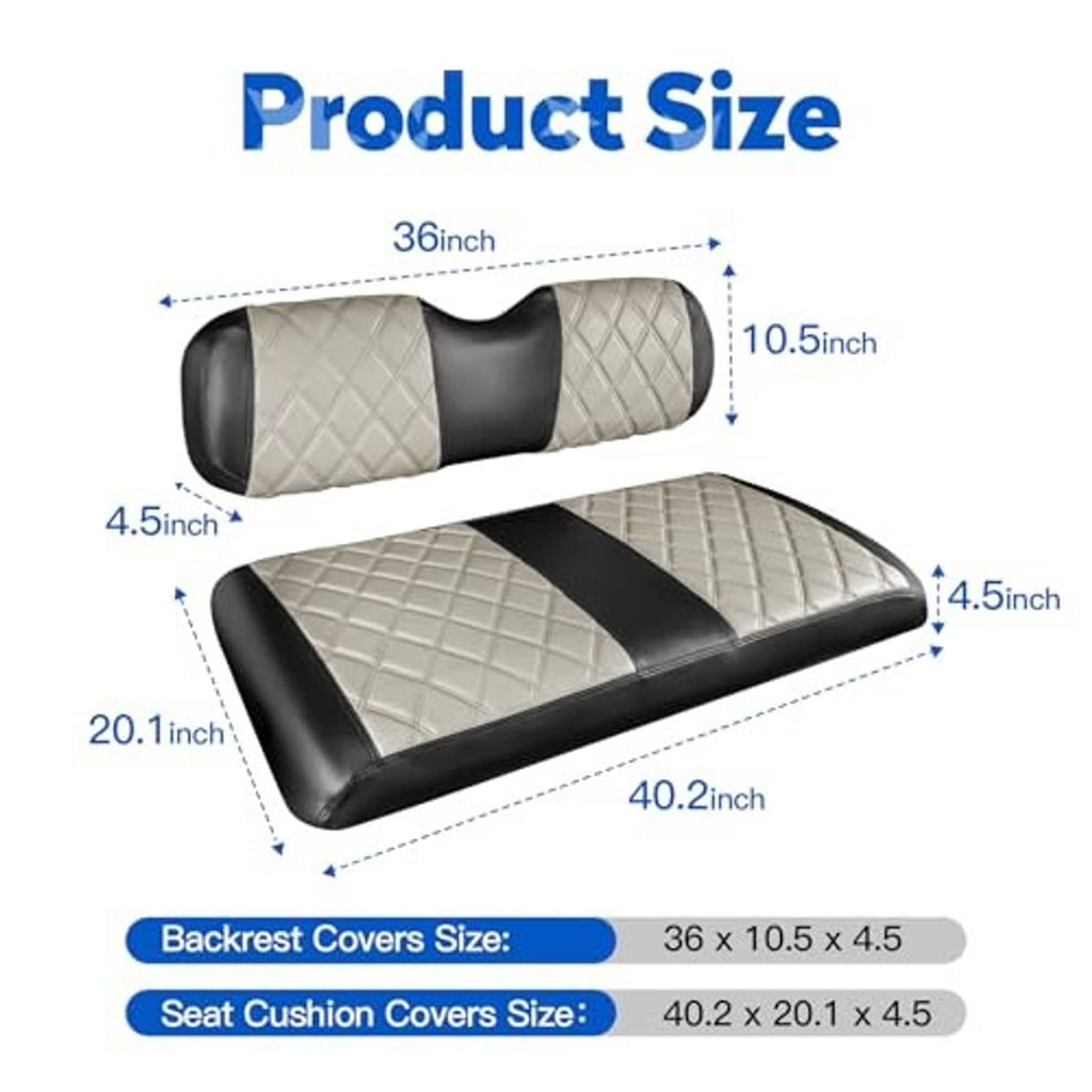 Seat cover kit size diagram with oyster-gray diamond seat cushion and backrest dimensions