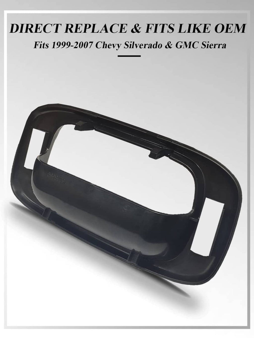 Black tailgate handle bezel trim, side/back view with mounting tabs