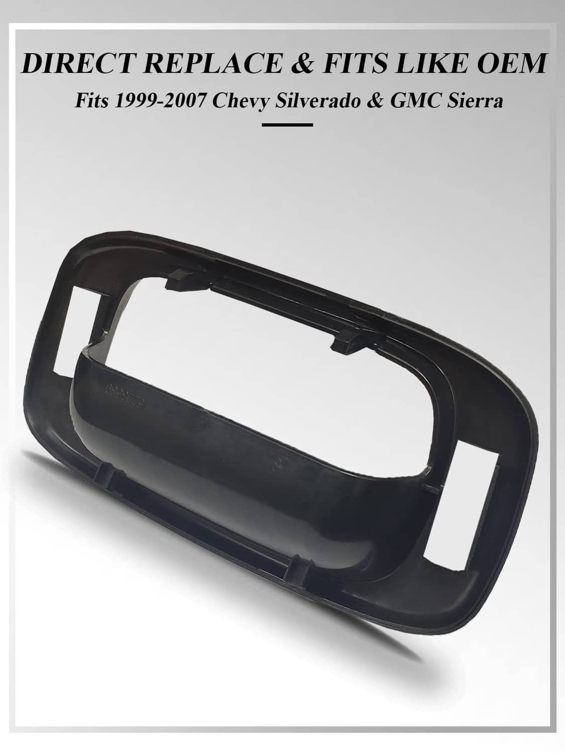 Black tailgate handle bezel trim, side/back view with mounting tabs