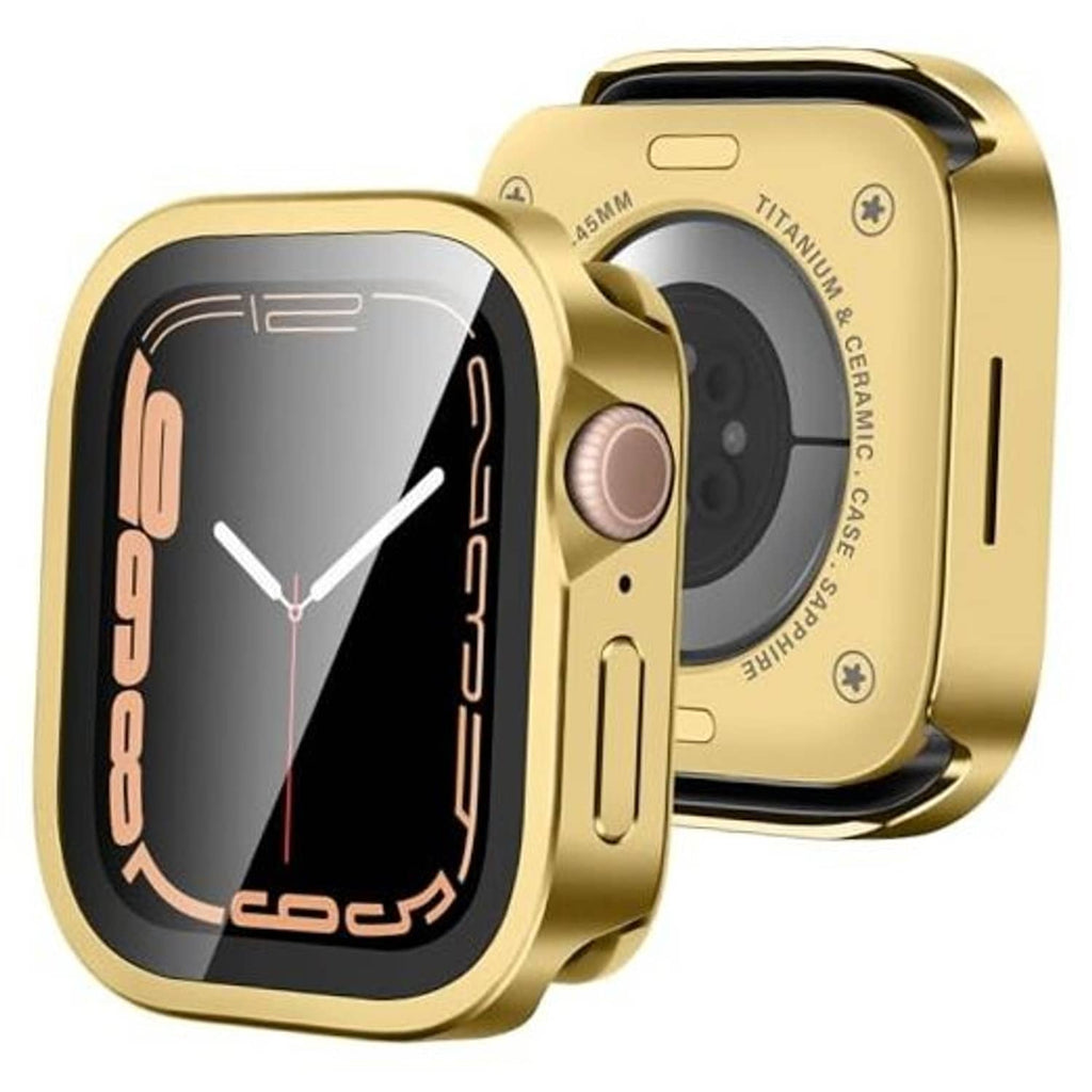 Gold metal case for Apple Watch 45mm with raised bezel and screen cover, watch face visible
