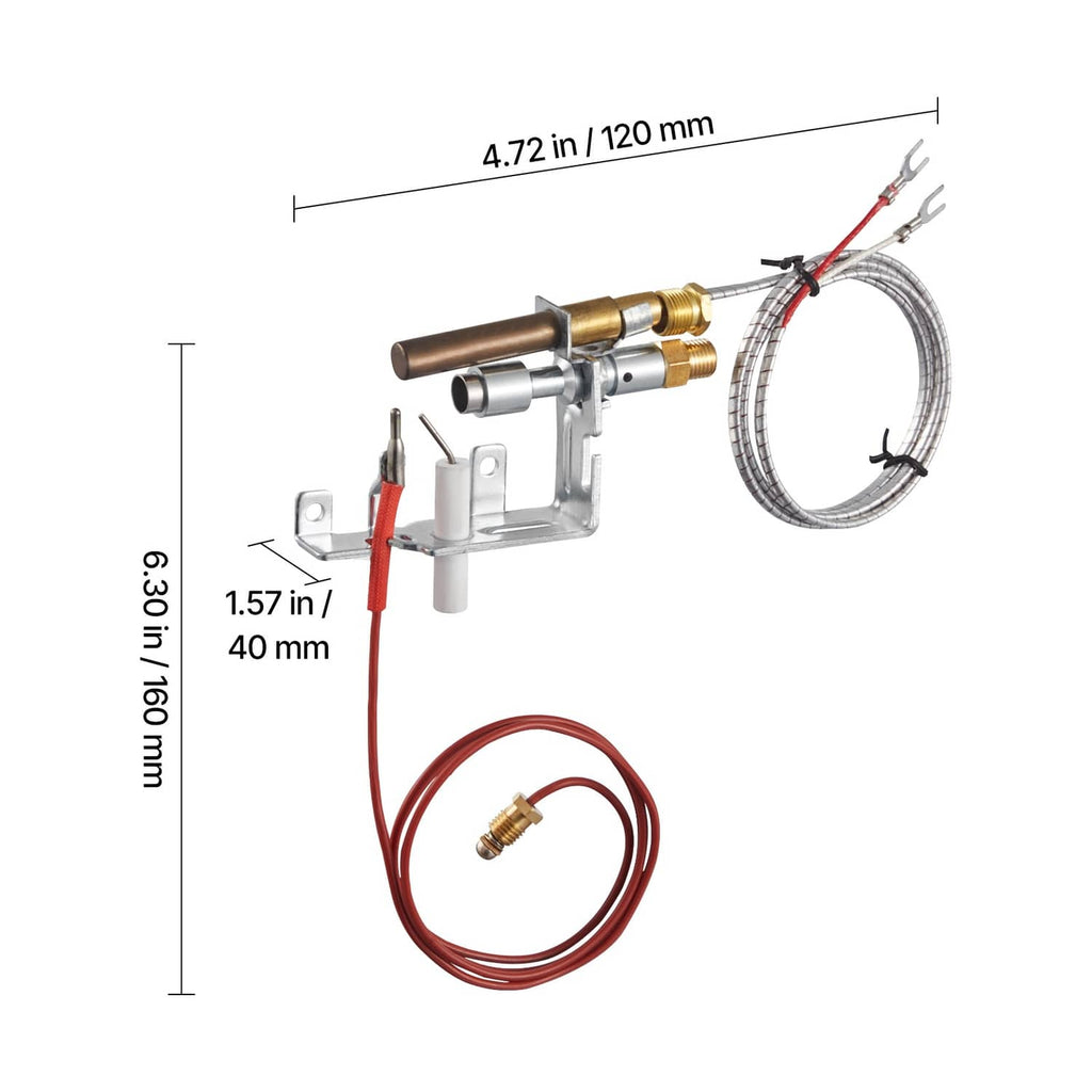 Gas pilot ignition assembly with brass connectors, braided tubing, and red lead wire